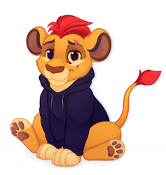 Size: 1214x1280 | Tagged: safe, artist:mr.jazz, kion (the lion guard), big cat, feline, lion, mammal, feral, disney, the lion guard, the lion king, 2022, 2d, clothes, cub, eye scar, looking at you, male, paw pads, paws, scar, simple background, sitting, solo, solo male, sweater, topwear, white background, young