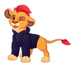 Size: 1280x1179 | Tagged: safe, artist:mr.jazz, kion (the lion guard), big cat, feline, lion, mammal, feral, disney, the lion guard, the lion king, 2022, 2d, clothes, eye scar, looking at you, male, one eye closed, open mouth, scar, simple background, solo, solo male, sweater, topwear, white background, winking