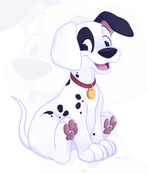 Size: 1085x1280 | Tagged: safe, artist:mr.jazz, patch (101 dalmatians), canine, dalmatian, dog, mammal, feral, 101 dalmatians, disney, 2d, collar, cute, looking at you, male, open mouth, open smile, paw pads, paws, puppy, simple background, sitting, smiling, smiling at you, solo, solo male, white background, young, zoom layer