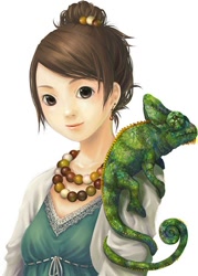 Size: 430x600 | Tagged: safe, artist:あゆみ.ｋ, chameleon, human, lizard, mammal, reptile, feral, 2007, ambiguous gender, duo, female