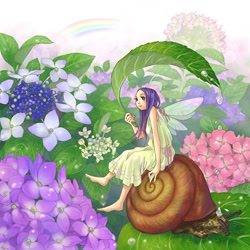 Size: 600x600 | Tagged: safe, artist:あゆみ.ｋ, fairy, fictional species, mammal, mollusk, snail, feral, humanoid, 1:1, 2007, ambiguous gender, duo, female, flower, hydrangea, leaf, plant, rainbow, sitting