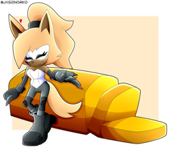 Size: 1024x892 | Tagged: safe, artist:jasienorko, whisper the wolf (sonic), canine, mammal, wolf, anthro, idw sonic the hedgehog, sega, sonic the hedgehog (series), 2020, abstract background, black gloves, black nose, boots, bread, breasts, brown body, clothes, eyes closed, fangs, female, food, gloves, hair, hair accessory, heart, knee pads, ponytail, sharp teeth, shoes, shoulder pads, smiling, solo, solo female, tail, teeth, watermark