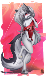 Size: 1219x2048 | Tagged: suggestive, artist:sugarlesspaints, loona (vivzmind), canine, fictional species, hellhound, mammal, anthro, digitigrade anthro, helluva boss, netflix, 2021, bedroom eyes, black nose, bottomless, breasts, censored, clothes, colored sclera, covering crotch, detailed background, digital art, ears, eyelashes, female, fur, hair, nudity, one eye closed, partial nudity, pose, red sclera, shirt, solo, solo female, tail, thighs, topwear, wide hips