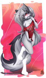 Size: 1219x2048 | Tagged: suggestive, artist:sugarlesspaints, loona (vivzmind), canine, fictional species, hellhound, mammal, anthro, digitigrade anthro, hazbin hotel, helluva boss, netflix, 2021, bedroom eyes, black nose, bottomless, breasts, clothes, colored sclera, covering crotch, detailed background, digital art, ears, eyelashes, female, fur, hair, nudity, one eye closed, partial nudity, pose, red sclera, shirt, solo, solo female, tail, thighs, topwear, wide hips
