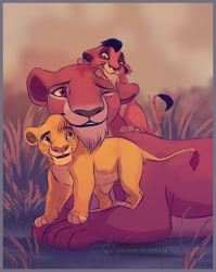 Size: 722x906 | Tagged: safe, artist:whitekimya, mufasa (the lion king), scar (the lion king), uru (the lion king), big cat, feline, lion, mammal, feral, disney, the lion king, female, group, lioness, male