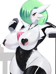Size: 1500x2000 | Tagged: suggestive, artist:sana!rpg, fictional species, gardevoir, anthro, nintendo, pokémon, areola, areola slip, big breasts, blushing, breasts, clothes, detailed background, digital art, ears, evening gloves, eyelashes, female, gloves, hair, legwear, long gloves, looking at you, one eye closed, pasties, pose, solo, solo female, stockings, suit, thighs, water bottle, wide hips