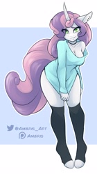 Size: 1682x3000 | Tagged: suggestive, artist:ambris, sweetie belle (mlp), equine, fictional species, mammal, pony, unicorn, anthro, unguligrade anthro, friendship is magic, hasbro, my little pony, 2022, border, breasts, clothes, digital art, female, hooves, legwear, looking at you, mare, older, smiling, solo, solo female, stockings, thigh highs, white border