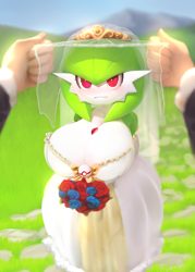 Size: 2000x2800 | Tagged: safe, artist:mysticalpp, fictional species, gardevoir, human, mammal, humanoid, nintendo, pokémon, 2021, bare shoulders, big breasts, blurred background, blushing, bottomwear, bouquet, breasts, bride, cleavage, clothes, cute, day, depth of field, dress, duo, female, female focus, first person view, flower, full-length portrait, fully clothed, grass, green body, green hair, green skin, hair, huge breasts, interspecies, light skin, male, male pov, male/female, mountain, multicolored body, multicolored skin, offscreen character, outdoors, plant, poké ball, poképhilia, portrait, pov, premier ball, red eyes, skin, sky, smiling, solo focus, standing, two toned body, veil, wedding dress, wedding veil, white body, white skin, wholesome