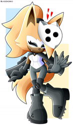 Size: 1024x1756 | Tagged: safe, artist:jasienorko, whisper the wolf (sonic), canine, mammal, wolf, anthro, idw sonic the hedgehog, sega, sonic the hedgehog (series), 2020, abstract background, black gloves, black nose, boots, cape, claws, clothes, fangs, female, finger claws, fingers, gloves, hair, hair accessory, hair over one eye, heart, knee pads, mask, ponytail, sharp teeth, shoes, smiling, solo, solo female, tail, teeth, watermark