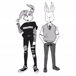Size: 2048x2048 | Tagged: safe, artist:big_squid_man, oc, oc only, lagomorph, mammal, rabbit, anthro, 2021, black clothing, duo, duo male, goth, grayscale, male, males only, monochrome, simple background, standing, white background