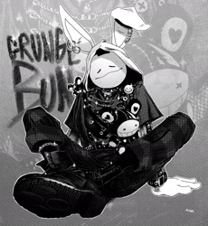 Size: 1662x1807 | Tagged: safe, artist:big_squid_man, oc, oc only, lagomorph, mammal, rabbit, anthro, 2021, abstract background, black and white, black clothing, character name, digital art, ear piercing, goth, grayscale, grunge, male, monochrome, outline, piercing, sitting, solo, solo male, text, white outline
