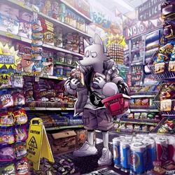 Size: 1772x1772 | Tagged: safe, artist:big_squid_man, oc, oc only, canine, dog, mammal, 2021, bag, beer can, bipedal, black eyes, black nose, bottomwear, candy, cereal box, chips, clothes, container, cornershop, dessert, detailed background, digital art, drink, food, fur, jacket, looking at something, male, scenery, shoes, shop, shopping, shopping cart, shorts, sign, soda, solo, solo male, standing, topwear, toy, white body, white fur, white shoes