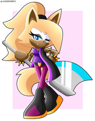 Size: 1024x1316 | Tagged: safe, artist:jasienorko, whisper the wolf (sonic), canine, mammal, wolf, anthro, idw sonic the hedgehog, sega, sonic the hedgehog (series), 2020, abstract background, axe, belt, black nose, blue eyes, boots, breasts, brown body, cape, clothes, fangs, female, hair, holding, holding object, holding weapon, looking at you, one eye closed, ponytail, sharp teeth, shoes, solo, solo female, spiked bracelet, tail, teeth, watermark, weapon