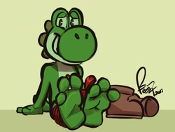 Size: 1280x960 | Tagged: safe, artist:raccoonlover, yoshi (mario), fictional species, yoshi (species), anthro, plantigrade anthro, mario (series), nintendo, barefoot, feet, fetish, foot fetish, foot focus, shoes removed, soles, toes