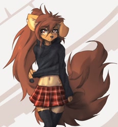 Size: 2303x2492 | Tagged: safe, artist:tinygaypirate, oc, oc:apogee (tinygaypirate), canine, dog, mammal, anthro, belly button, body markings, bottomwear, brown body, brown eyes, brown fur, brown hair, clothes, ear piercing, female, fur, hair, hoodie, legwear, looking at you, midriff, multicolored fur, piercing, ripped clothes, ripped stockings, skirt, smiling, solo, solo female, stockings, thigh highs, topwear, torn clothes, two toned body, two toned fur