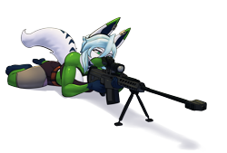 Size: 2039x1378 | Tagged: safe, artist:bear213, canine, mammal, wolf, black nose, commission, green body, green eyes, gun, lying down, multicolored body, prone, rifle, simple background, sniper, sniper rifle, transparent background, weapon, white body