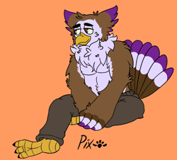 Size: 2800x2530 | Tagged: safe, artist:pixelwings, bird, bird of prey, owl, anthro, brown feathers, claws, feathers, male, solo, solo male, sweatpants, talons