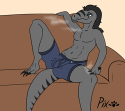Size: 2852x2530 | Tagged: suggestive, artist:pixelwings, oc, oc:das, dinosaur, raptor, theropod, anthro, clothes, couch, half nude, lying down, male, sharp claws, underwear, vape