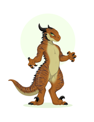 Size: 3162x4083 | Tagged: safe, artist:drakkor, fictional species, kobold, reptile, anthro, brown body, claws, green eyes, horns, looking at you, male, pose, posing, simple background, solo, solo male, striped body, stripes, white background, wingless