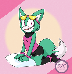 Size: 1198x1237 | Tagged: safe, artist:silverzure, sonar the fennec (sonic), canine, fennec fox, fox, mammal, anthro, archie sonic the hedgehog, sega, sonic the hedgehog (series), 2018, boots, breasts, clothes, female, goggles, goggles on head, gradient background, headwear, holding, kneeling, looking at you, multicolored tail, open mouth, pillow, pink eyes, scarf, shoes, solo, solo female, tail, teal body, two toned tail, watermark