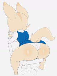 Size: 1168x1533 | Tagged: suggestive, artist:purple yoshi draws, colorist:zanymann, edit, fenneko (aggretsuko), canine, fennec fox, fox, mammal, anthro, aggretsuko, sanrio, 2022, barefoot, bottomwear, butt, cell phone, chair, clothes, color edit, cream body, cream fur, cream tail, english text, female, fur, holding, holding object, huge butt, huge ears, panties, phone, simple background, sitting, skirt, smartphone, solo, solo female, swivel chair, text, texting, topwear, underwear, white background