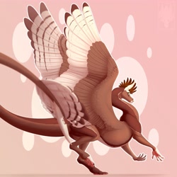 Size: 4000x4000 | Tagged: safe, artist:friendlydragonp, dragon, fictional species, feral, absurd resolution, brown body, feathers, green eyes, horns, paws, solo, tail, underpaw, wings