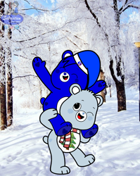 Size: 1080x1360 | Tagged: safe, artist:mrstheartist, oc, oc:creative bear, bear, fictional species, mammal, semi-anthro, care bears, care bears: unlock the magic, belly badge, care bear, christmas, christmas wishes bear (cbutm), clothes, duo, duo male, eyes closed, forest, hat, headwear, holiday, male, males only, one eye closed, piggyback ride, santa hat, scarf, snow, winking