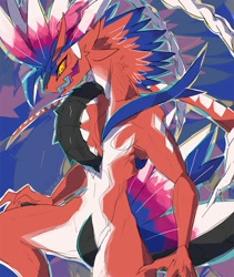 Size: 1000x1186 | Tagged: safe, artist:oiichyo, dragon, fictional species, koraidon, legendary pokémon, anthro, nintendo, pokémon, spoiler:pokémon gen 9, spoiler:pokémon scarlet and violet, 2022, ambiguous gender, blue feathers, digital art, feathers, male, open mouth, paradox pokémon, past pokémon, red body, smiling, solo, solo male, tan body