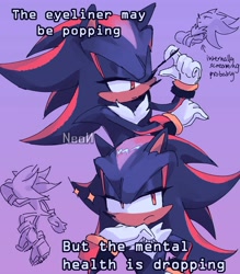 Size: 3500x4000 | Tagged: safe, artist:12neonlit_stage, shadow the hedgehog (sonic), hedgehog, mammal, anthro, sega, sonic the hedgehog (series), black body, black fur, eyelashes, fur, high res, male, meme, purple background, simple background, solo, solo male, the eyeliner may be poppin