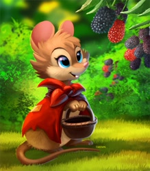 Size: 1050x1200 | Tagged: safe, artist:tsaoshin, mrs. brisby (the secret of nimh), mammal, mouse, rodent, sullivan bluth studios, the secret of nimh, 2022, basket, berry, container, cute, female, food, fruit, solo, solo female