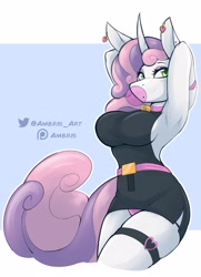 Size: 2175x3000 | Tagged: suggestive, artist:ambris, sweetie belle (mlp), equine, fictional species, mammal, pony, unicorn, anthro, unguligrade anthro, friendship is magic, hasbro, my little pony, 2022, border, breasts, bubblegum, clothes, female, food, gum, hooves, mare, older, panties, pink underwear, solo, solo female, underwear, white border