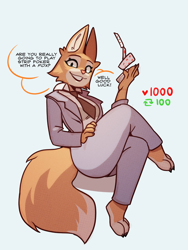 Size: 600x800 | Tagged: safe, artist:hyattlen, diane foxington (the bad guys), canine, fox, mammal, anthro, digitigrade anthro, dreamworks animation, the bad guys, 2022, bottomwear, breasts, clothes, dialogue, digital art, ears, eyelashes, female, fur, necktie, pants, pink nose, pose, shirt, simple background, solo, solo female, speech bubble, tail, talking, talking to viewer, text, thighs, topwear, vixen, wide hips