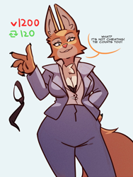 Size: 600x800 | Tagged: safe, artist:hyattlen, diane foxington (the bad guys), canine, fox, mammal, anthro, dreamworks animation, the bad guys, 2022, bottomwear, bra, breasts, clothes, dialogue, digital art, ears, eyelashes, female, fur, necktie, pants, pink nose, pose, shirt, simple background, solo, solo female, speech bubble, tail, talking, talking to viewer, text, thighs, topwear, underwear, undressing, vixen, wide hips