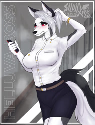 Size: 971x1280 | Tagged: safe, artist:silviaxrk, loona (vivzmind), canine, fictional species, hellhound, mammal, anthro, hazbin hotel, helluva boss, 2022, bedroom eyes, black nose, blushing, bottomwear, breasts, cell phone, clothes, colored sclera, detailed background, digital art, ears, eyelashes, female, fur, hair, looking at you, phone, pose, red sclera, school uniform, shirt, skirt, smartphone, solo, solo female, tail, thighs, topwear, unamused, wide hips