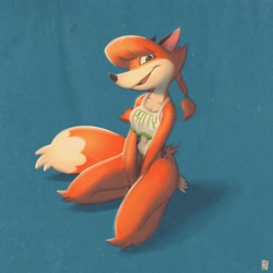 Size: 3200x3200 | Tagged: safe, artist:fox-popvli, oc, oc:patty (fox-popvli), canine, fox, mammal, anthro, barefoot, belly button, big breasts, breasts, claws, cleavage, clothes, crop top, feet, female, fur, hair, kneeling, looking at you, open mouth, open smile, orange body, orange fur, pigtails, smiling, smiling at you, solo, solo female, thick thighs, thighs, toe claws, toes, topwear, vixen, wide hips