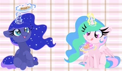 Size: 1642x954 | Tagged: safe, artist:lbrcloud, princess celestia (mlp), princess luna (mlp), alicorn, equine, fictional species, mammal, pony, feral, friendship is magic, hasbro, my little pony, 2022, cake, cookie, cute, duo, duo female, eyelashes, feathered wings, feathers, female, females only, filly, foal, folded wings, food, glowing, glowing horn, horn, magic, magic aura, royal sisters, siblings, sister, sisters, telekinesis, wings, wings down, young, younger