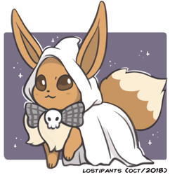 Size: 503x519 | Tagged: safe, artist:lostipants, eevee, eeveelution, fictional species, ghost, mammal, undead, feral, nintendo, pokémon, 2018, 2d, clothes, costume, cute, halloween, halloween costume, holiday, looking at you, male, smiling, smiling at you, solo, solo male