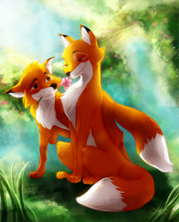 Size: 800x991 | Tagged: safe, alternate version, artist:drmistytang, tod (the fox and the hound), vixey (the fox and the hound), canine, fox, mammal, red fox, feral, disney, the fox and the hound, 2012, 2d, brown eyes, dipstick tail, duo, duo male and female, female, flower, fur, male, male/female, orange body, orange fur, plant, shipping, signature, tail, vixen, vixeytod (the fox and the hound)