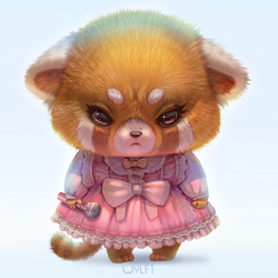 Size: 600x600 | Tagged: safe, artist:wylfi, retsuko (aggretsuko), mammal, red panda, anthro, aggretsuko, sanrio, angry, bottomwear, clothes, dress, female, front view, gradient background, looking at you, microphone, puffy sleeves, solo, solo female, standing