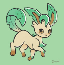 Size: 886x902 | Tagged: safe, artist:snewdraws, eeveelution, fictional species, leafeon, mammal, feral, nintendo, pokémon, 2d, ambiguous gender, green background, looking at you, simple background, solo, solo ambiguous