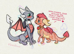 Size: 1047x764 | Tagged: safe, artist:snewdraws, cynder the dragon (spyro), ember the dragon (spyro), dragon, fictional species, western dragon, feral, spyro the dragon (series), the legend of spyro, 2022, 2d, blushing, cynder/ember (spyro), dialogue, dragoness, duo, duo female, female, female/female, females only, shipping, talking