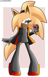 Size: 1024x1628 | Tagged: safe, artist:jasienorko, whisper the wolf (sonic), canine, mammal, wolf, anthro, idw sonic the hedgehog, sega, sonic the hedgehog (series), 2020, abstract background, alternate hairstyle, black gloves, black nose, black socks, boots, breasts, cape, clothes, collar, costume, fangs, female, hair, hair over one eye, half closed eyes, halloween, halloween costume, hand on glass, holding, holding object, legwear, one eye closed, ponytail, red eyes, sharp teeth, shoes, solo, solo female, spiked bracelet, spiked collar, spread legs, tail, teeth, watermark