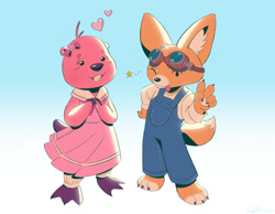 Size: 1280x995 | Tagged: safe, artist:faunsipaws, beaver, canine, fox, mammal, red fox, anthro, 2022, 2d, blep, bottomwear, clothes, dress, duo, duo male and female, eddy (pororo), female, fur, gesture, goggles, goggles on head, gradient background, heart, looking at you, loopy (pororo), male, one eye closed, orange body, orange fur, overalls, peace sign, pink body, pink fur, pororo the little penguin, tongue, tongue out, winking