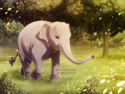 Size: 1000x750 | Tagged: safe, artist:shinyshine, elephant, mammal, feral, female, grass, gray body, plant, solo, solo female, tree, trunk