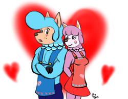 Size: 990x765 | Tagged: safe, artist:caseyljones, cyrus (animal crossing), reese (animal crossing), alpaca, mammal, anthro, animal crossing, nintendo, 2d, anthro/anthro, apron, arm behind back, blushing, bottomwear, buckteeth, camelid, canon ship, clothes, cloven hooves, couple, crossed arms, dress, duo, duo male and female, female, freckles, heart, hooves, husband, husband and wife, looking at each other, looking back, love heart, male, male/female, married couple, open mouth, pants, shipping, simple background, smiling, teeth, ungulate, white background, wife