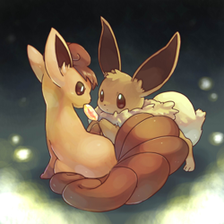 Size: 400x400 | Tagged: safe, artist:mshia, eevee, eeveelution, fictional species, mammal, vulpix, feral, nintendo, pokémon, 1:1, 2010, 2d, ambiguous gender, ambiguous only, cute, duo, duo ambiguous, looking at each other, low res, on model, pixiv, stone