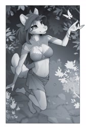 Size: 1700x2508 | Tagged: safe, artist:yakovlev-vad, canine, mammal, wolf, anthro, plantigrade anthro, 2022, belly button, border, bottomwear, breasts, cleavage, cleavage fluff, clothes, female, fluff, grayscale, midriff, monochrome, patreon reward, sketch, skirt, solo, solo female, tail, white border