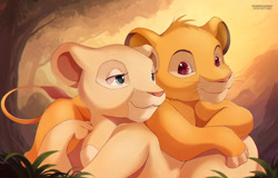 Size: 1024x657 | Tagged: safe, artist:vermeilbird, nala (the lion king), simba (the lion king), big cat, feline, lion, mammal, feral, disney, the lion king, 2d, cub, female, lioness, looking at each other, male, male/female, shipping, simbanala (the lion king), young