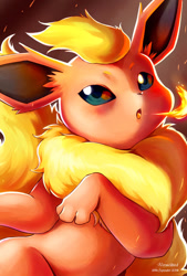 Size: 800x1185 | Tagged: safe, artist:vermeilbird, eeveelution, fictional species, flareon, mammal, feral, nintendo, pokémon, 2014, 2d, ambiguous gender, looking at you, on model, solo, solo ambiguous