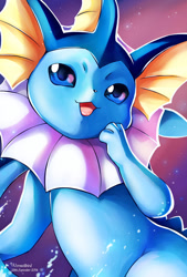 Size: 800x1185 | Tagged: safe, artist:vermeilbird, eeveelution, fictional species, mammal, vaporeon, feral, nintendo, pokémon, 2014, 2d, ambiguous gender, looking at you, on model, open mouth, solo, solo ambiguous